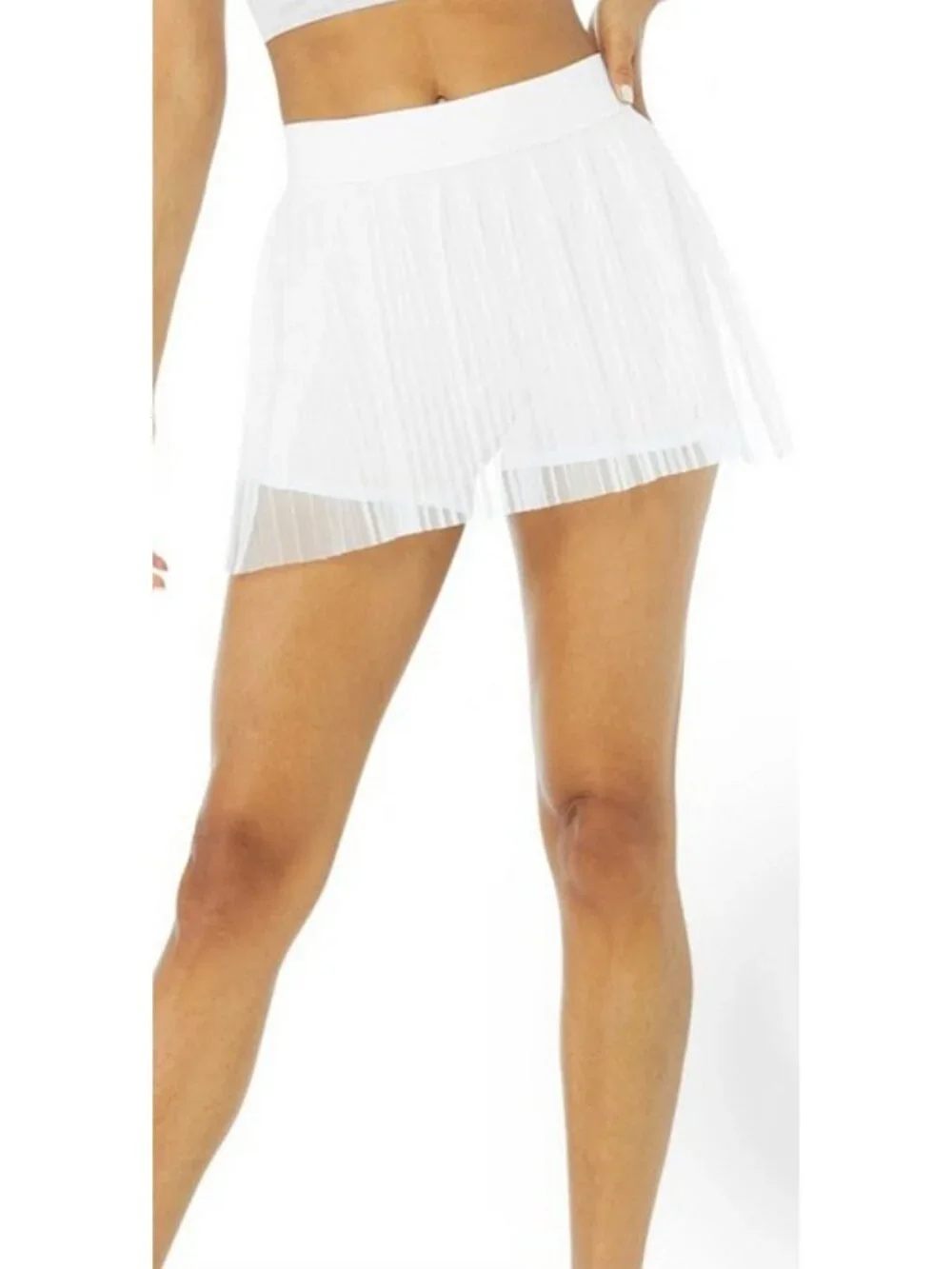 Alo Mesh Flirty Tennis Skirt White Sheer Transparent See-Through Pleated Skort